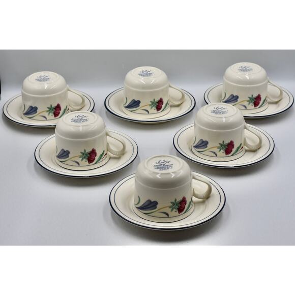 Y2K Coffee or Tea Flat Cup & Saucer 12pc Set Poppies On Blue by LENOX - Picture 7 of 12